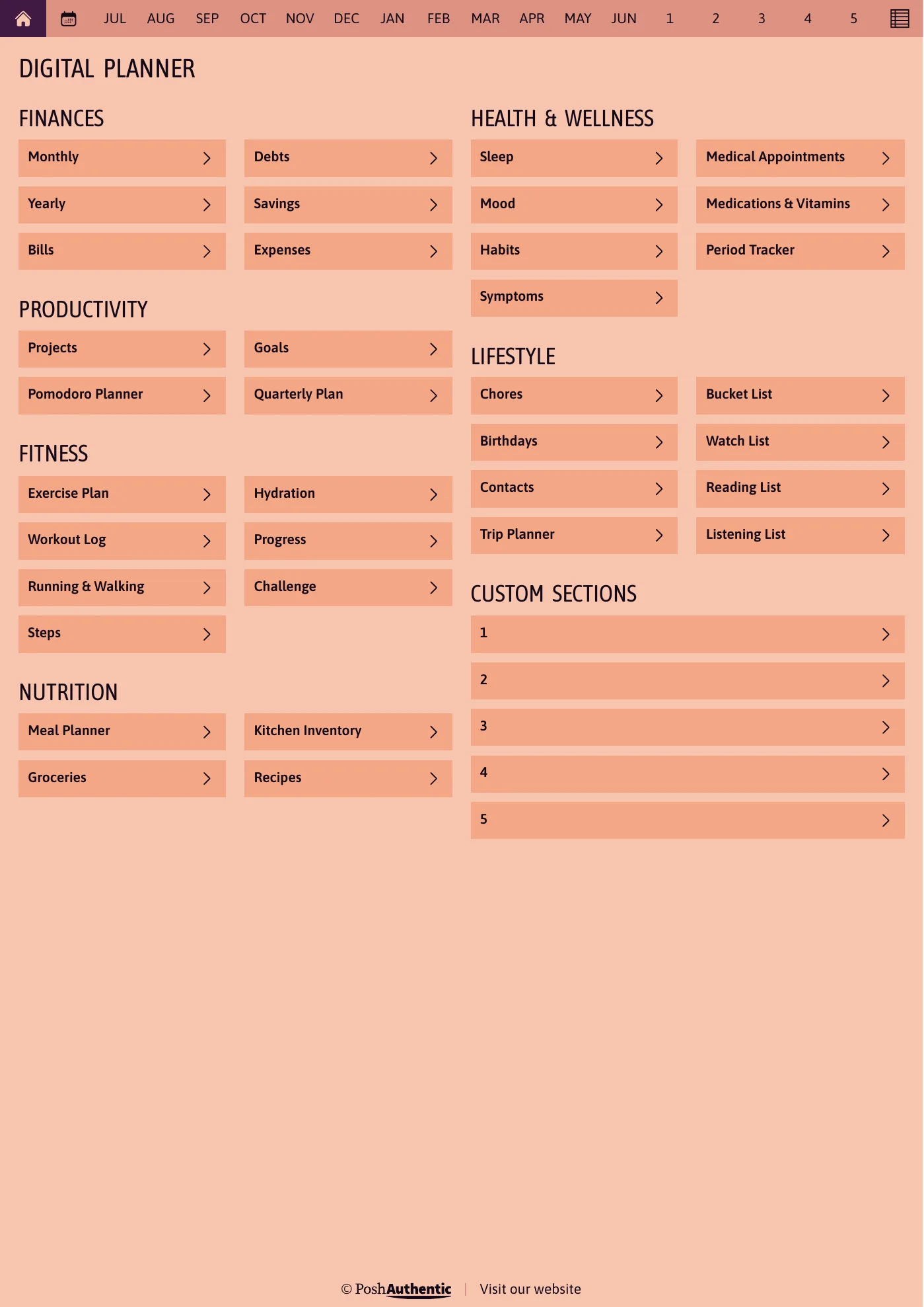 The planner’s dashboard page, the first thing the deluxe bundle opens on: tappable rows for Finances, Productivity, Fitness, Nutrition, Health and Wellness and Lifestyle under a month navigation bar, shown in the A4 Portrait cut.
