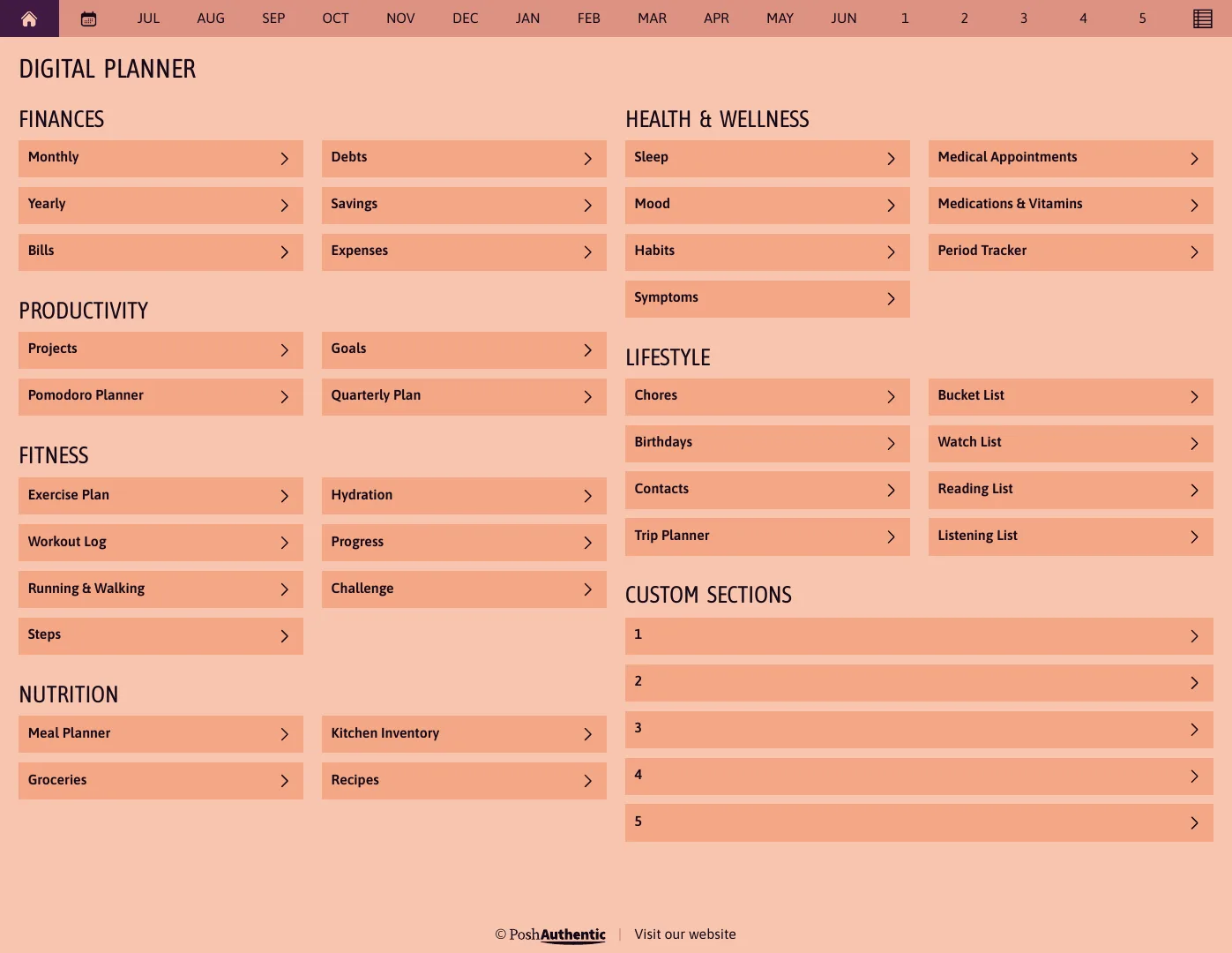 The planner’s dashboard page, the first thing the deluxe bundle opens on: tappable rows for Finances, Productivity, Fitness, Nutrition, Health and Wellness and Lifestyle under a month navigation bar, shown in the Letter Landscape cut.