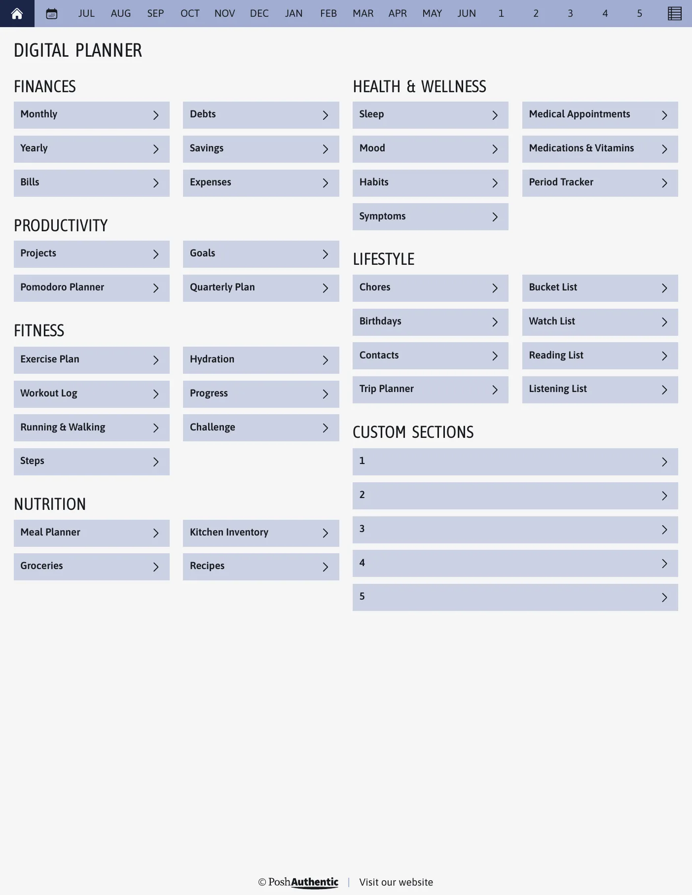 The planner’s dashboard page, the first thing the bundle opens on: tappable rows for Finances, Productivity, Fitness, Nutrition, Health and Wellness and Lifestyle under a month navigation bar, shown in the Letter Portrait cut.