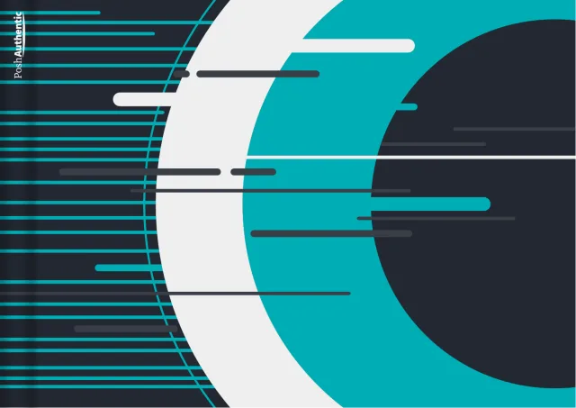 One of the deluxe planner covers, in one of the theme’s colorways: a large disc at the right, a pale curved sweep through the middle, and stacked horizontal bars running off the left edge, from the 2026-2027 Mid-Year Heavy Wonder theme.