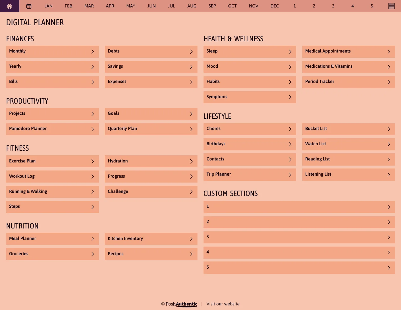 The planner’s dashboard page: tappable rows for Finances, Productivity, Fitness, Nutrition, Health and Wellness and Lifestyle, each ending in a chevron, under a navigation bar running July to June, shown in the Letter Landscape cut.