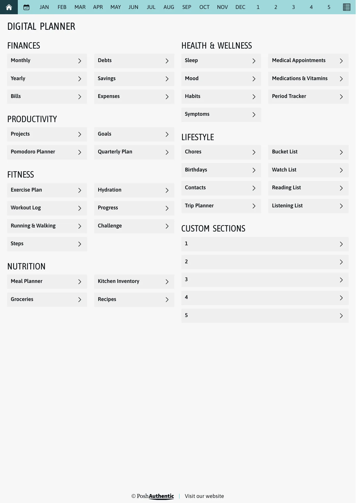 The planner’s dashboard page: tappable rows for Finances, Productivity, Fitness, Nutrition, Health and Wellness and Lifestyle, each ending in a chevron, under a navigation bar running July to June, shown in the A4 Portrait cut.