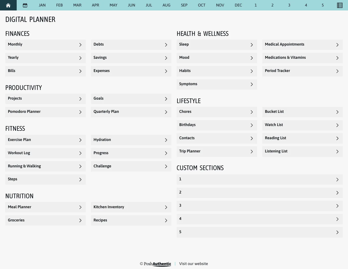 The planner’s dashboard page: tappable rows for Finances, Productivity, Fitness, Nutrition, Health and Wellness and Lifestyle, each ending in a chevron, under a navigation bar running July to June, shown in the Letter Landscape cut.