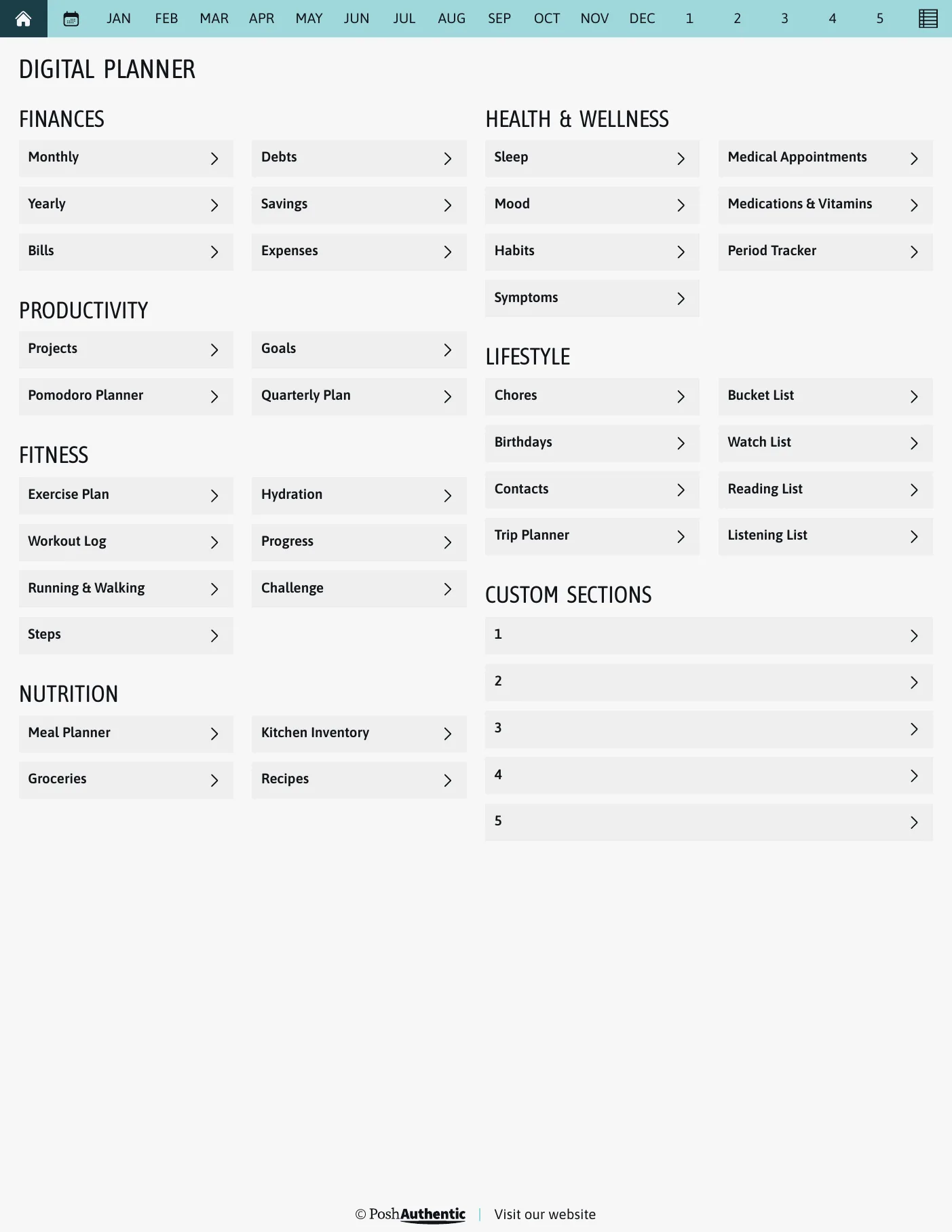 The planner’s dashboard page: tappable rows for Finances, Productivity, Fitness, Nutrition, Health and Wellness and Lifestyle, each ending in a chevron, under a navigation bar running July to June, shown in the Letter Portrait cut.
