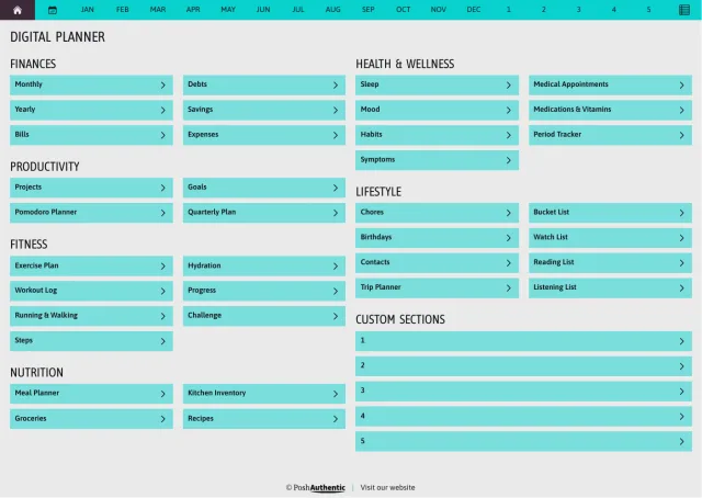 The planner’s dashboard page: tappable rows for Finances, Productivity, Fitness, Nutrition, Health and Wellness and Lifestyle, each ending in a chevron, under a navigation bar running July to June, from the 2027 Jolt Electric theme.