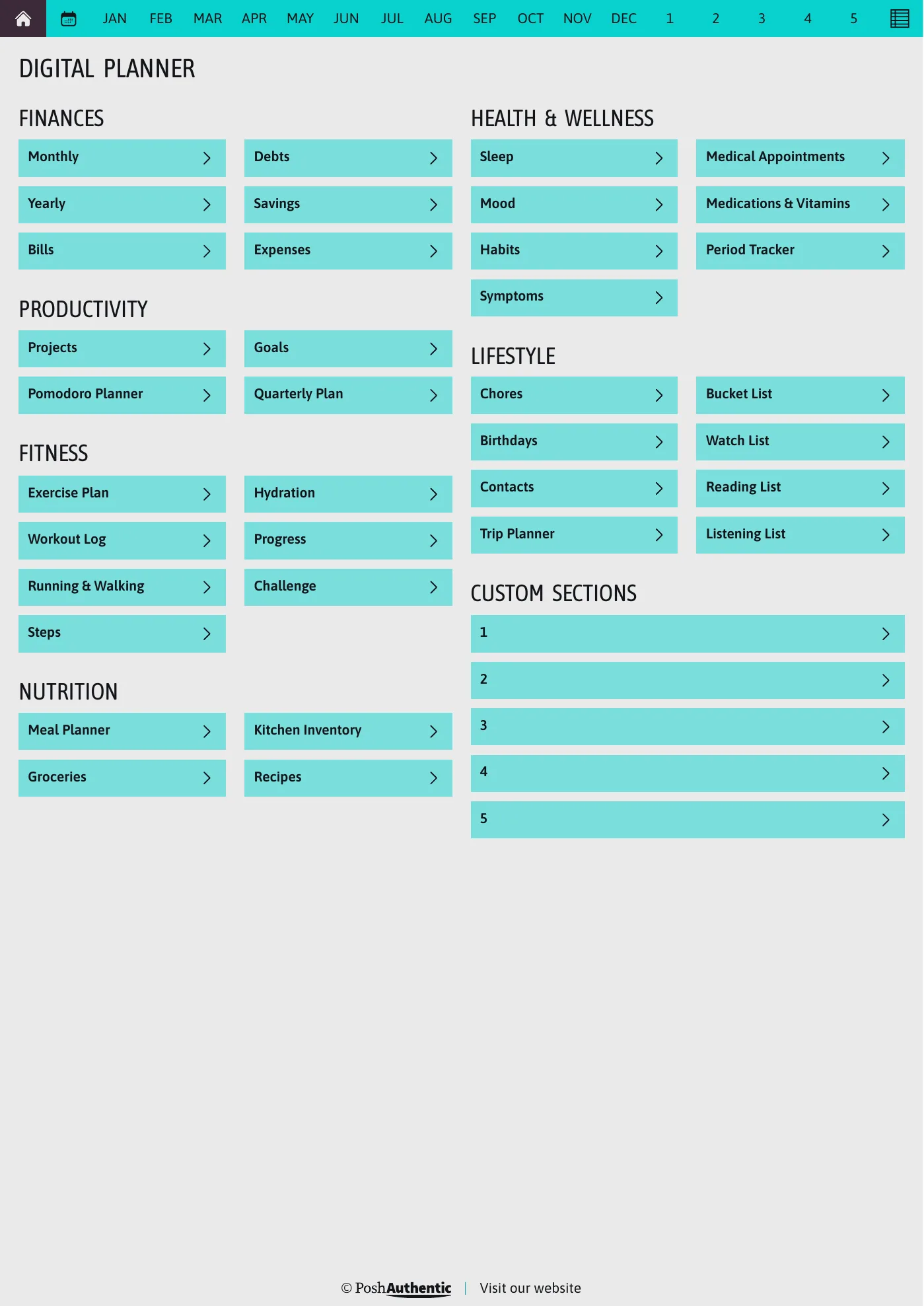 The planner’s dashboard page: tappable rows for Finances, Productivity, Fitness, Nutrition, Health and Wellness and Lifestyle, each ending in a chevron, under a navigation bar running July to June, shown in the A4 Portrait cut.