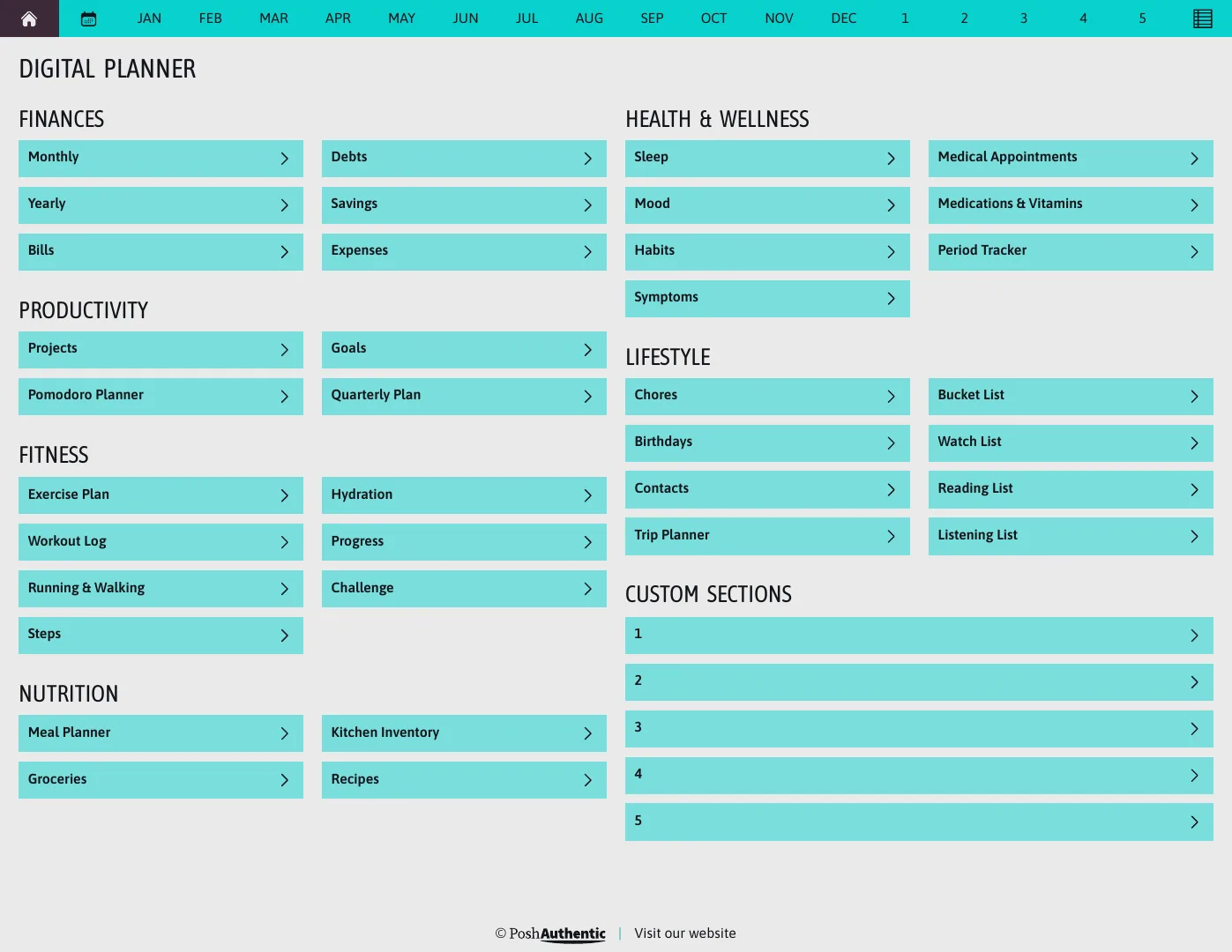 The planner’s dashboard page: tappable rows for Finances, Productivity, Fitness, Nutrition, Health and Wellness and Lifestyle, each ending in a chevron, under a navigation bar running July to June, shown in the Letter Landscape cut.