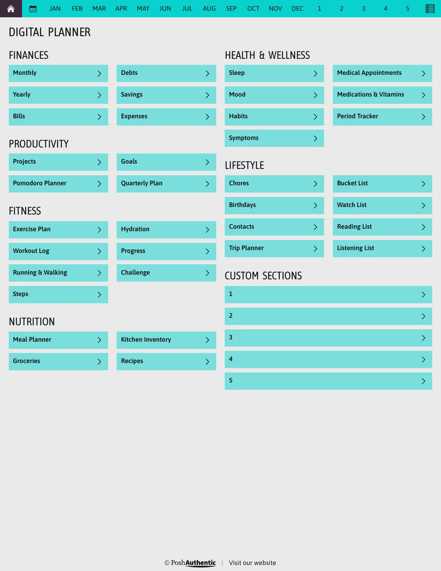 The planner’s dashboard page: tappable rows for Finances, Productivity, Fitness, Nutrition, Health and Wellness and Lifestyle, each ending in a chevron, under a navigation bar running July to June, shown in the Letter Portrait cut.