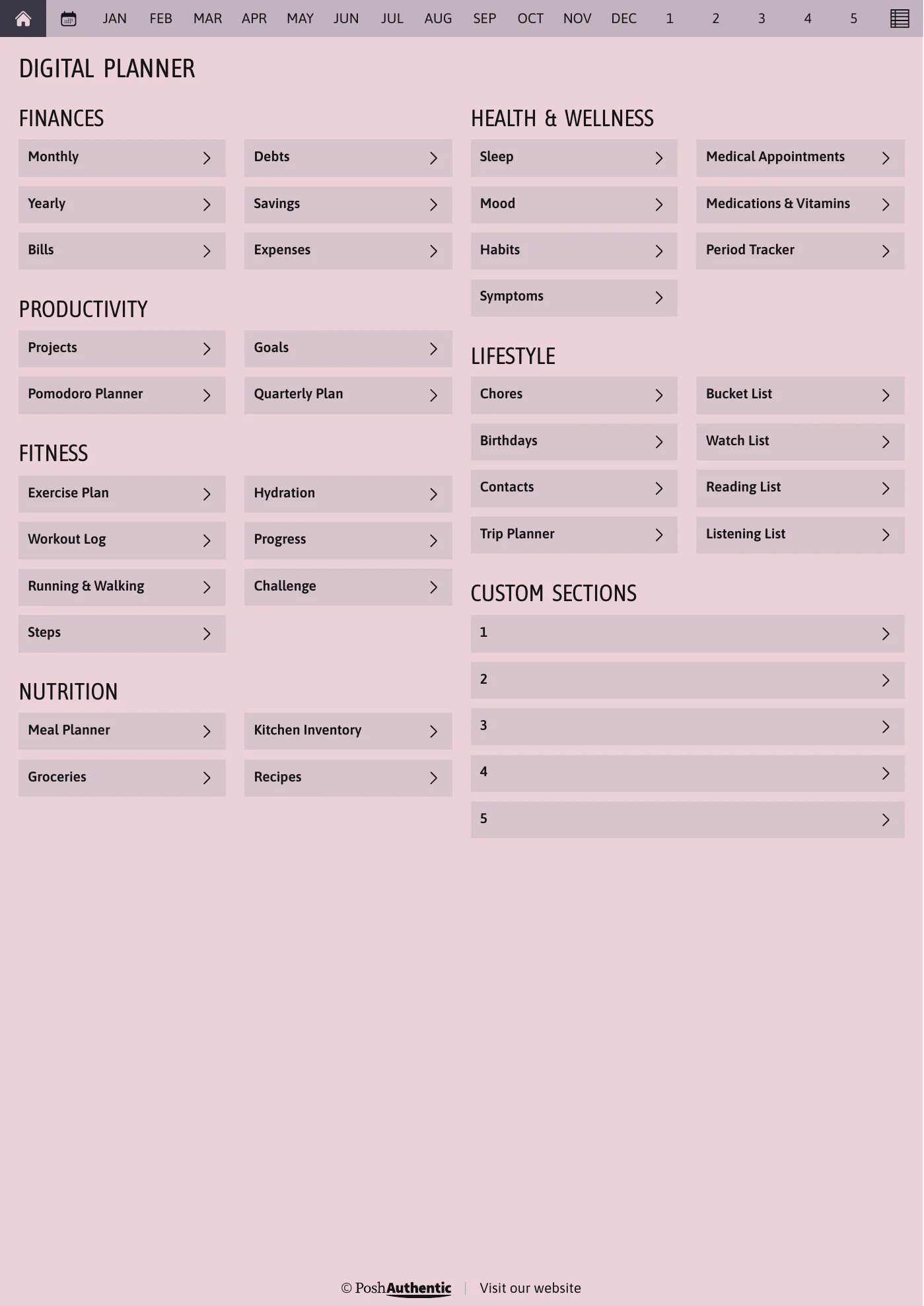 The planner’s dashboard page: tappable rows for Finances, Productivity, Fitness, Nutrition, Health and Wellness and Lifestyle, each ending in a chevron, under a navigation bar running July to June, shown in the A4 Portrait cut.