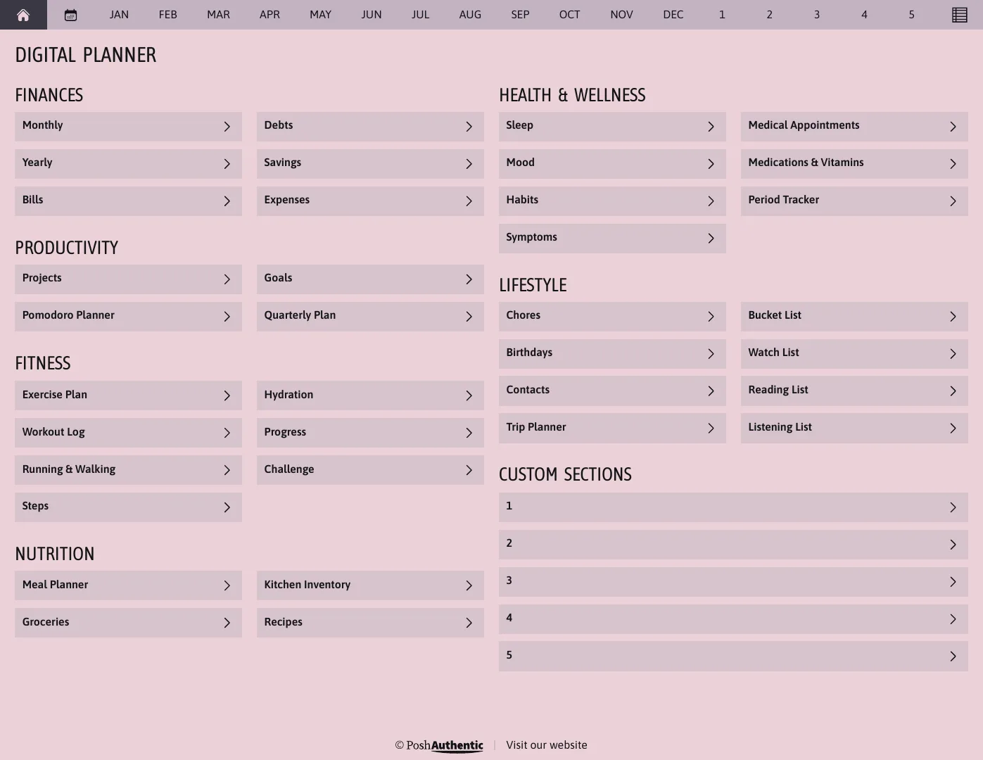 The planner’s dashboard page: tappable rows for Finances, Productivity, Fitness, Nutrition, Health and Wellness and Lifestyle, each ending in a chevron, under a navigation bar running July to June, shown in the Letter Landscape cut.