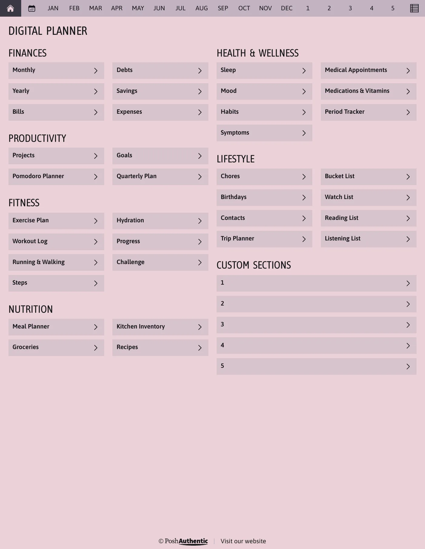 The planner’s dashboard page: tappable rows for Finances, Productivity, Fitness, Nutrition, Health and Wellness and Lifestyle, each ending in a chevron, under a navigation bar running July to June, shown in the Letter Portrait cut.