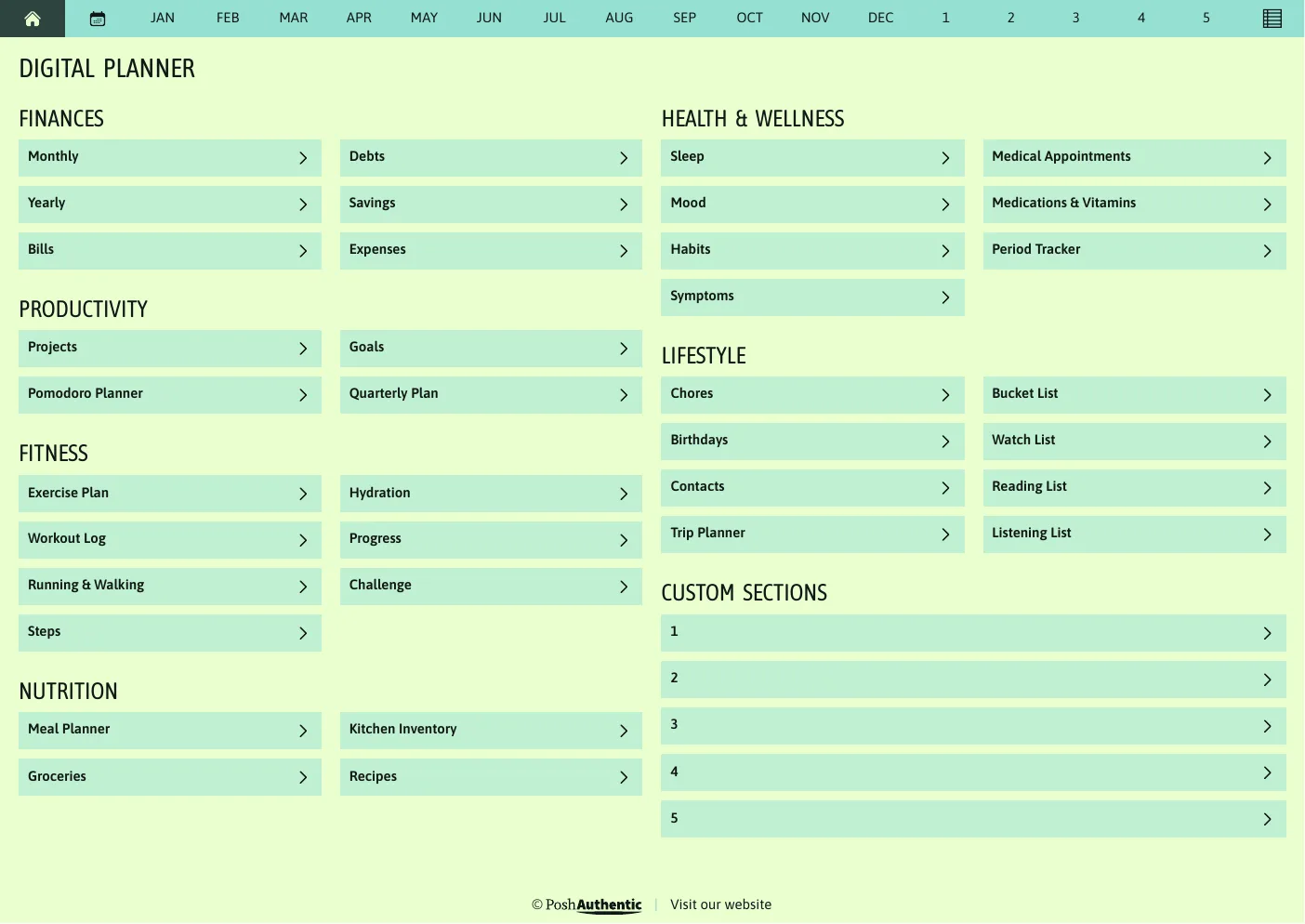 The planner’s dashboard page: tappable rows for Finances, Productivity, Fitness, Nutrition, Health and Wellness and Lifestyle, each ending in a chevron, under a navigation bar running July to June, shown in the A4 Landscape cut.