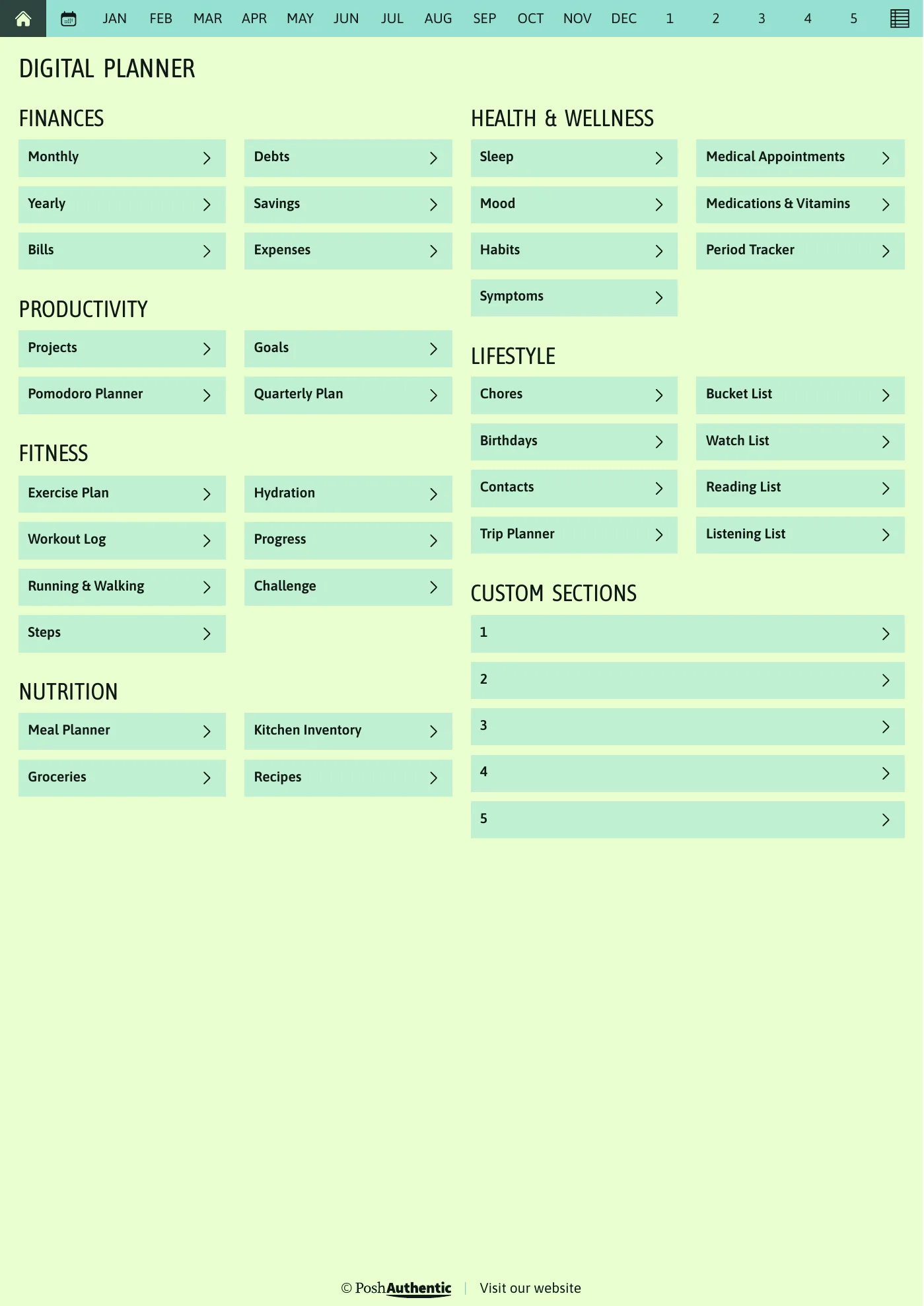 The planner’s dashboard page: tappable rows for Finances, Productivity, Fitness, Nutrition, Health and Wellness and Lifestyle, each ending in a chevron, under a navigation bar running July to June, shown in the A4 Portrait cut.