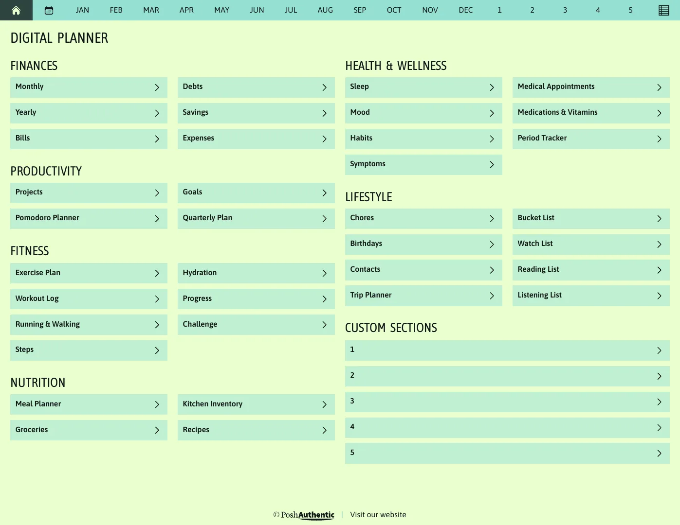 The planner’s dashboard page: tappable rows for Finances, Productivity, Fitness, Nutrition, Health and Wellness and Lifestyle, each ending in a chevron, under a navigation bar running July to June, shown in the Letter Landscape cut.