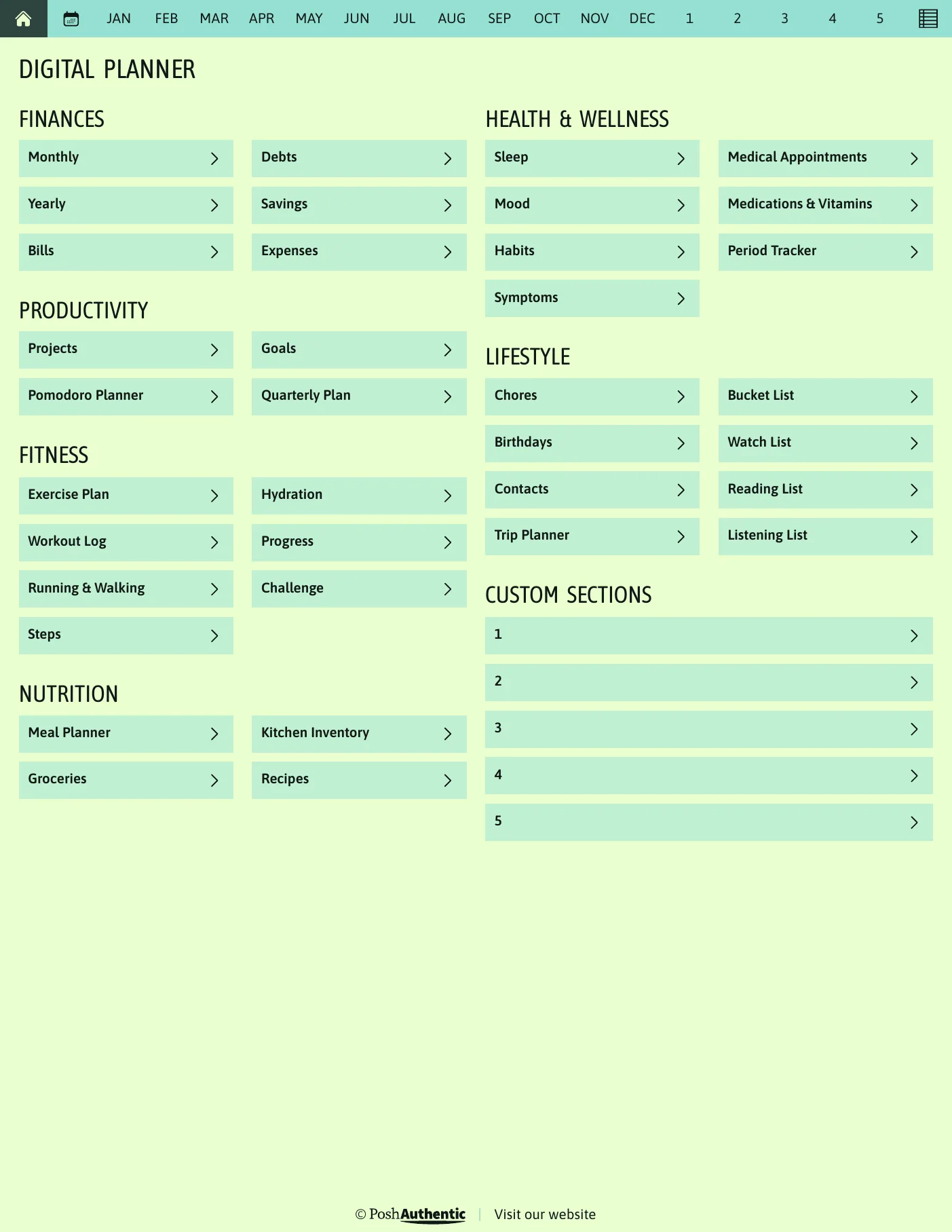 The planner’s dashboard page: tappable rows for Finances, Productivity, Fitness, Nutrition, Health and Wellness and Lifestyle, each ending in a chevron, under a navigation bar running July to June, shown in the Letter Portrait cut.