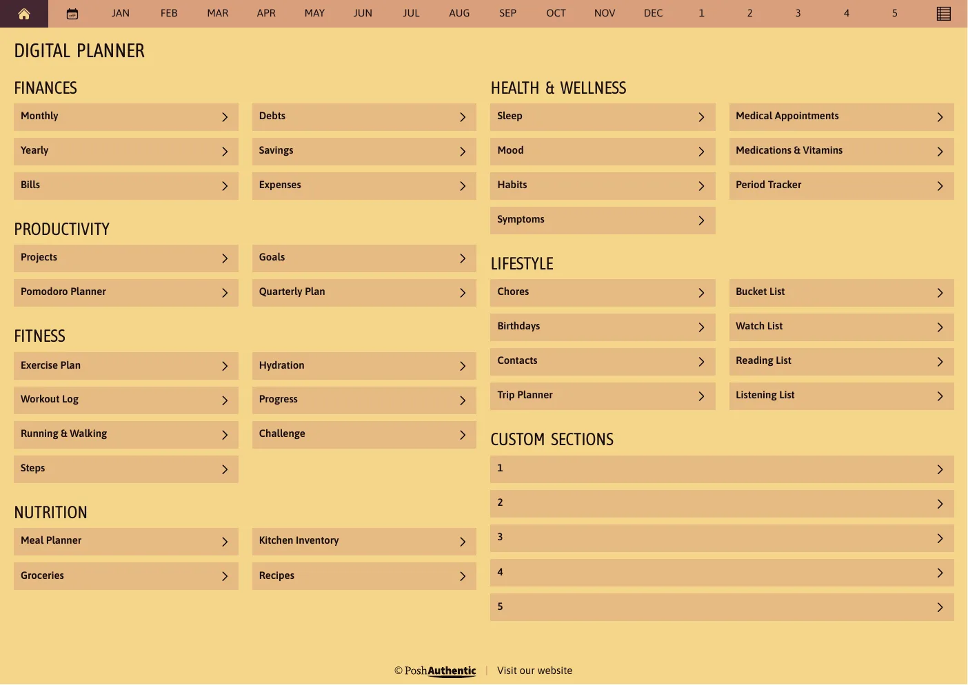 The planner’s dashboard page: tappable rows for Finances, Productivity, Fitness, Nutrition, Health and Wellness and Lifestyle, each ending in a chevron, under a navigation bar running July to June, shown in the A4 Landscape cut.