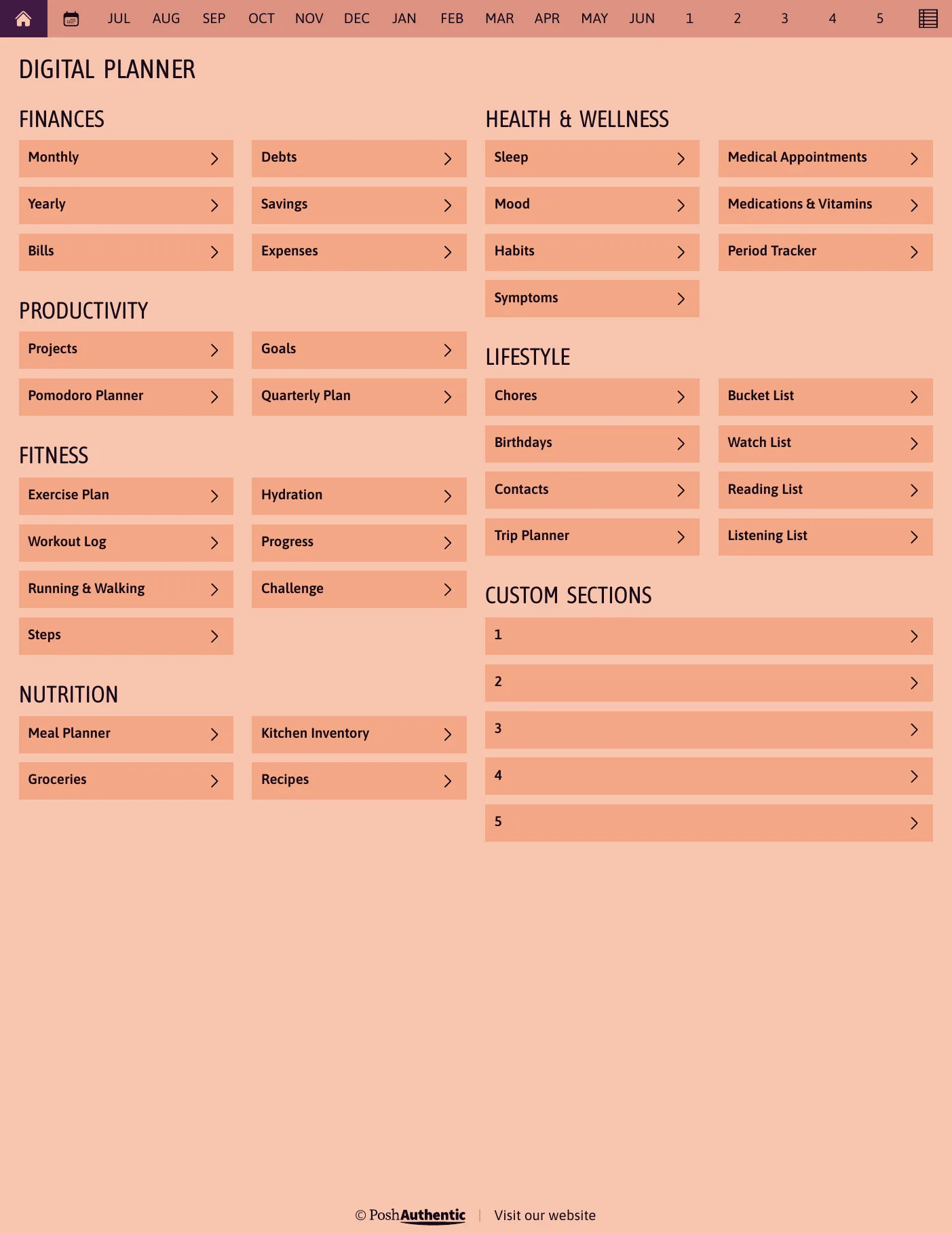 The planner’s dashboard page: tappable rows for Finances, Productivity, Fitness, Nutrition, Health and Wellness and Lifestyle, each ending in a chevron, under a navigation bar running July to June, shown in the Letter Portrait cut.