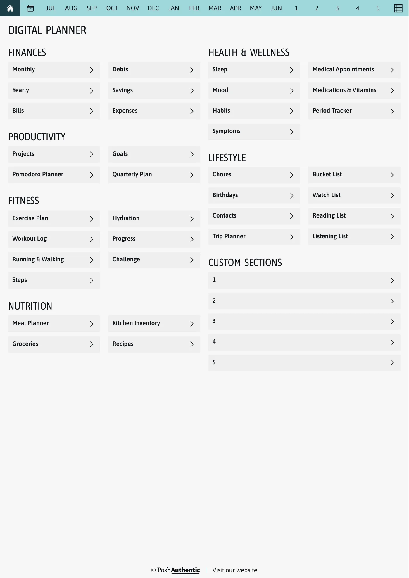 The planner’s dashboard page: tappable rows for Finances, Productivity, Fitness, Nutrition, Health and Wellness and Lifestyle, each ending in a chevron, under a navigation bar running July to June, shown in the A4 Portrait cut.
