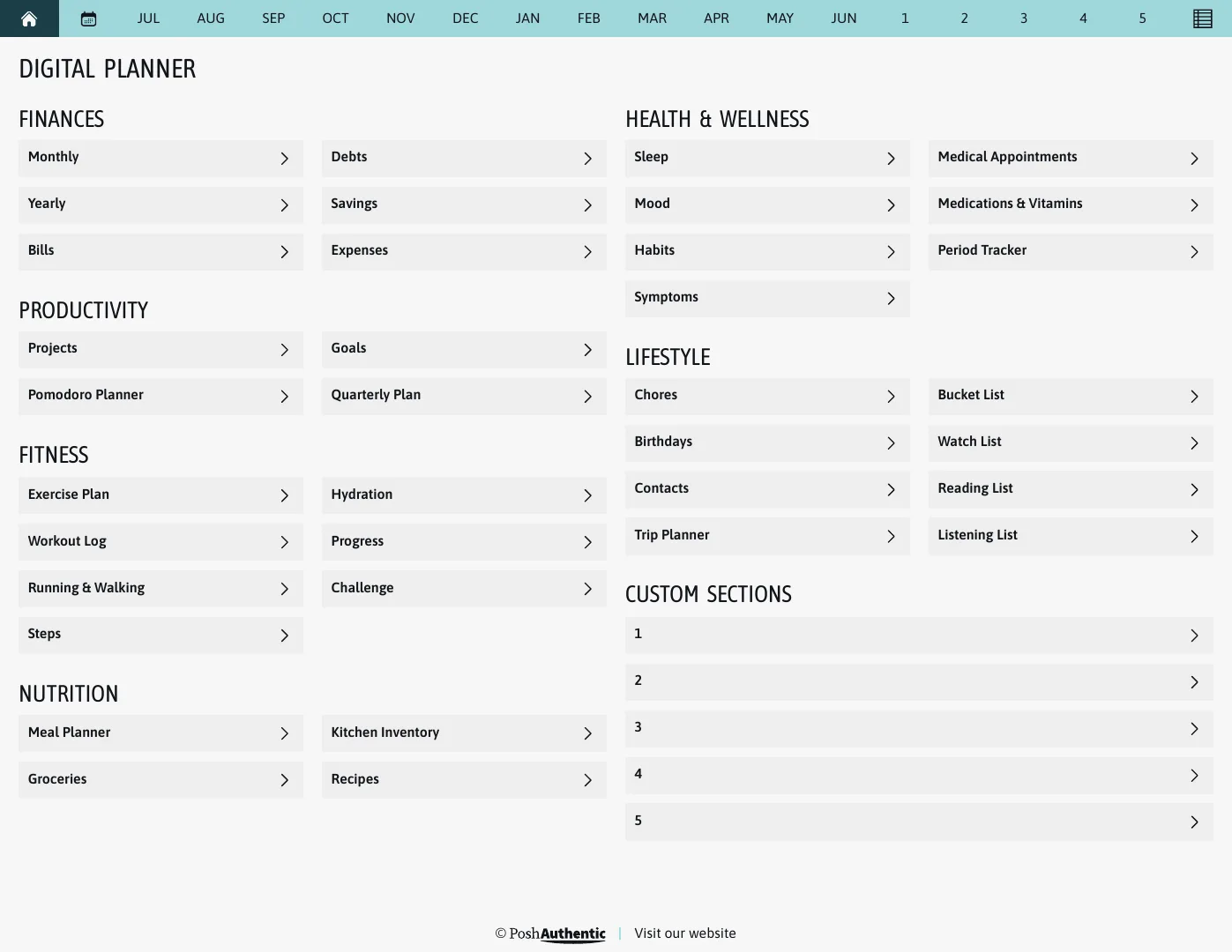 The planner’s dashboard page: tappable rows for Finances, Productivity, Fitness, Nutrition, Health and Wellness and Lifestyle, each ending in a chevron, under a navigation bar running July to June, shown in the Letter Landscape cut.