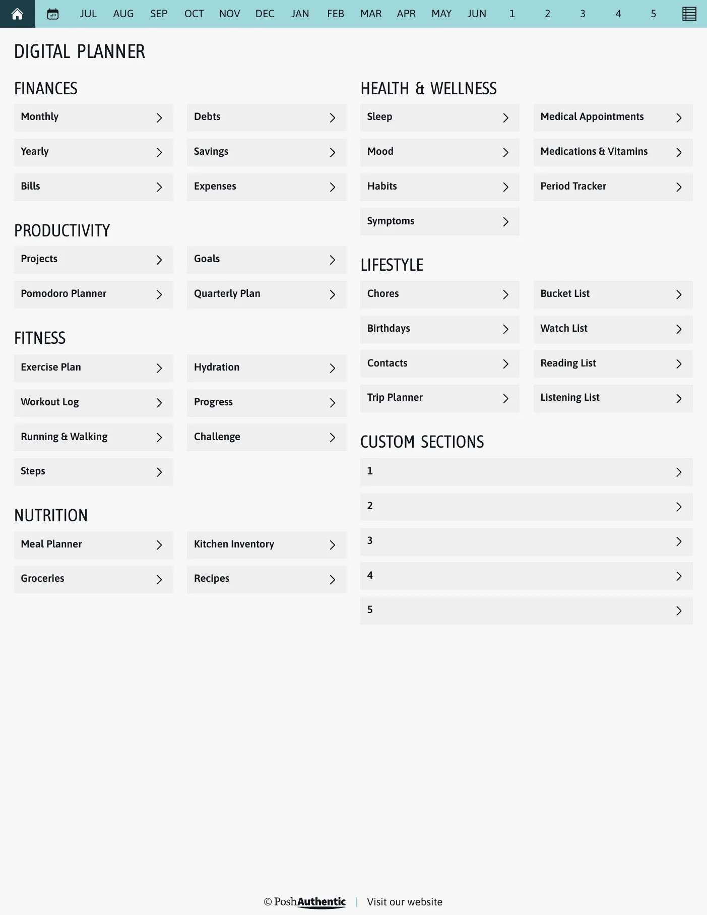 The planner’s dashboard page: tappable rows for Finances, Productivity, Fitness, Nutrition, Health and Wellness and Lifestyle, each ending in a chevron, under a navigation bar running July to June, shown in the Letter Portrait cut.