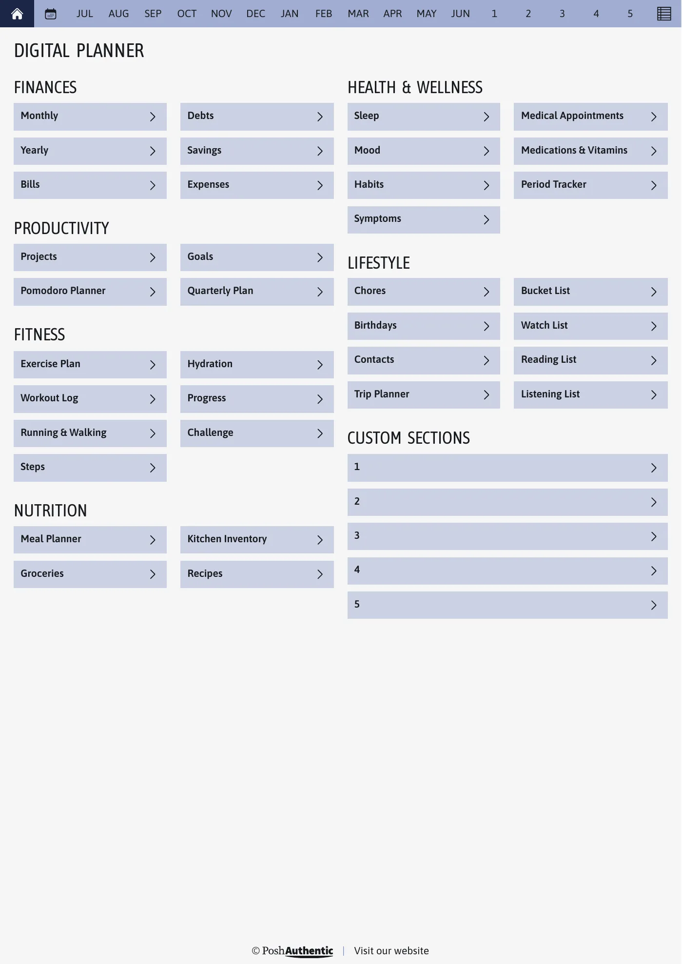 The planner’s dashboard page: tappable rows for Finances, Productivity, Fitness, Nutrition, Health and Wellness and Lifestyle, each ending in a chevron, under a navigation bar running July to June, shown in the A4 Portrait cut.