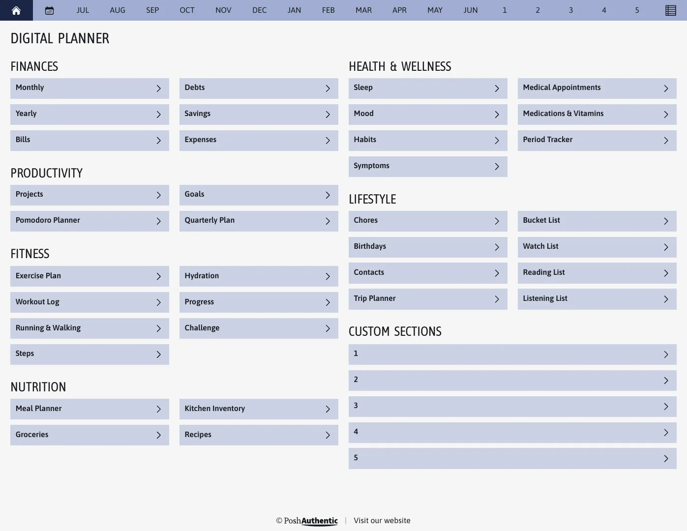 The planner’s dashboard page: tappable rows for Finances, Productivity, Fitness, Nutrition, Health and Wellness and Lifestyle, each ending in a chevron, under a navigation bar running July to June, shown in the Letter Landscape cut.