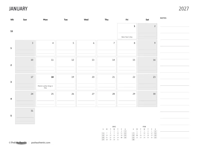 The January page of the printable calendar: a month grid with lined day cells, US holidays on their dates, ISO week numbers down the side and a notes area, from the 2027 edition.