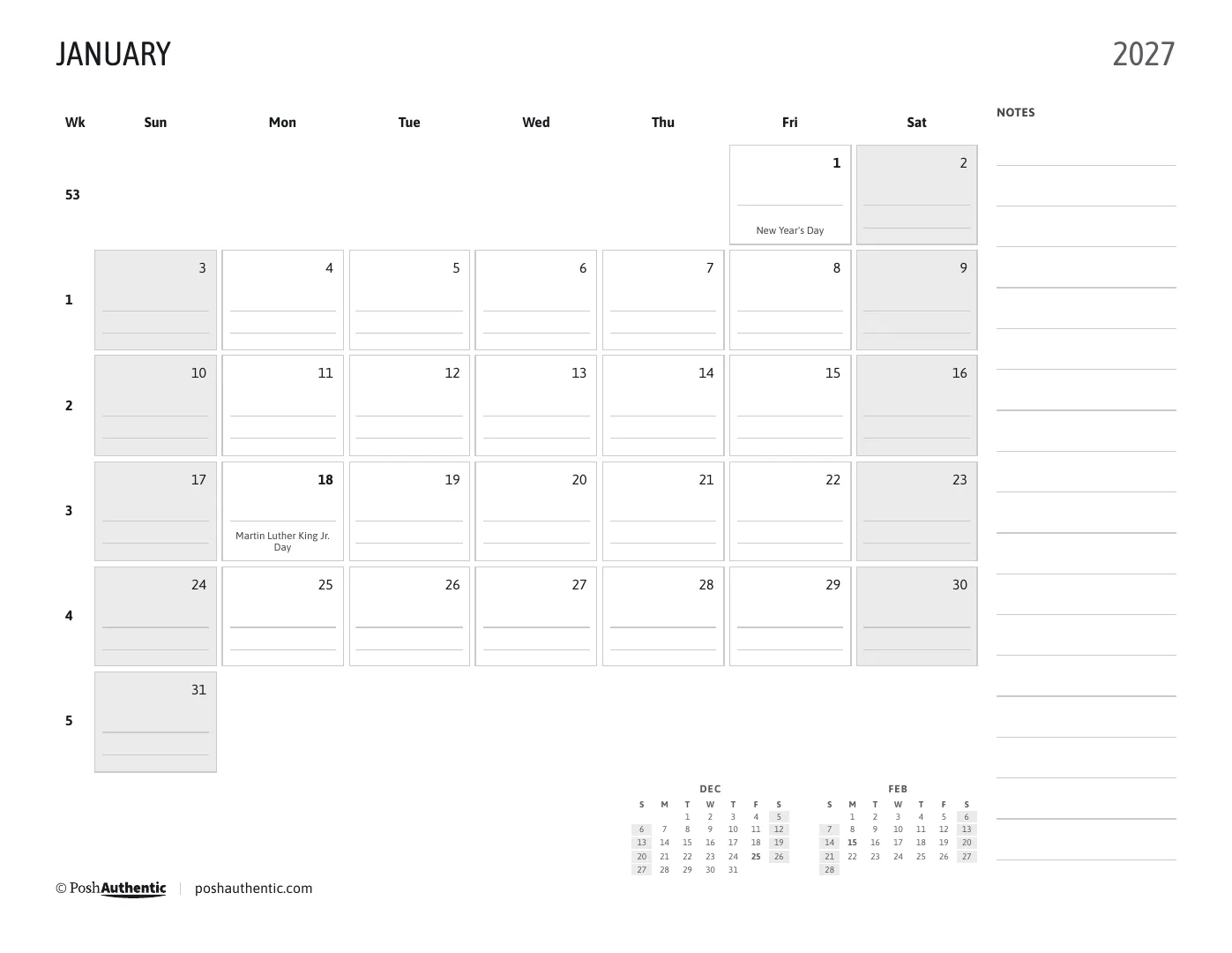 The January page of the printable calendar: a month grid with lined day cells, US holidays on their dates, ISO week numbers down the side and a notes area, shown in the Landscape cut.