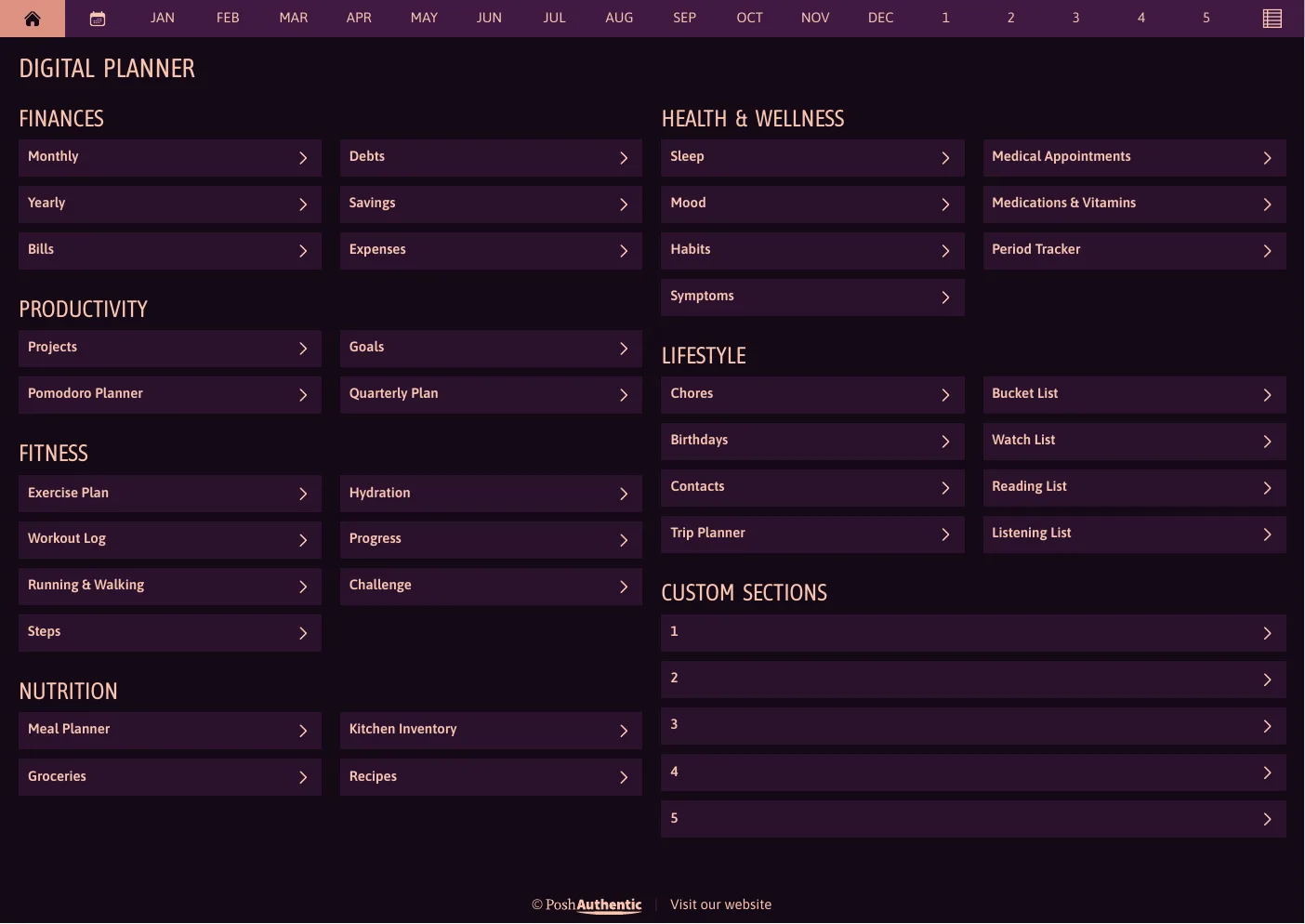 The planner’s dashboard page in the Abundant Brilliance dark mode colorway — tappable section rows under the month navigation bar.