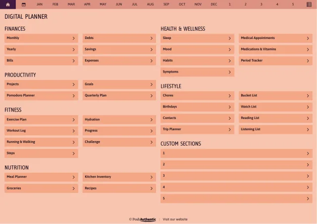The planner’s dashboard page in the Abundant Brilliance colorway — tappable section rows under the month navigation bar.