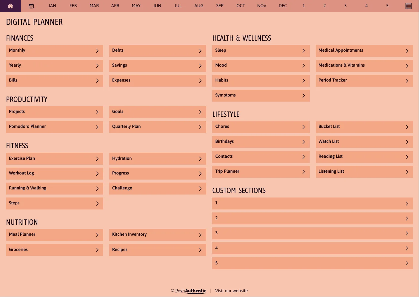 The planner’s dashboard page in the Abundant Brilliance colorway — tappable section rows under the month navigation bar.