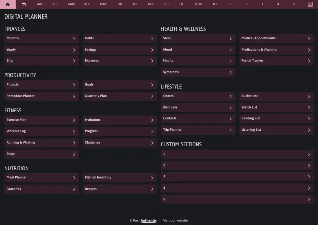 The planner’s dashboard page in the Magenta dark mode colorway — tappable section rows under the month navigation bar.