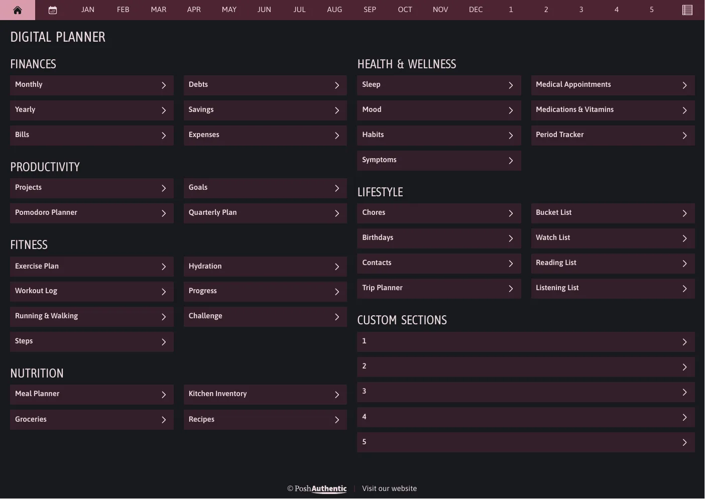 The planner’s dashboard page in the Magenta dark mode colorway — tappable section rows under the month navigation bar.