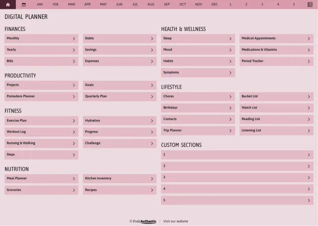 The planner’s dashboard page in the Magenta colorway — tappable section rows under the month navigation bar.