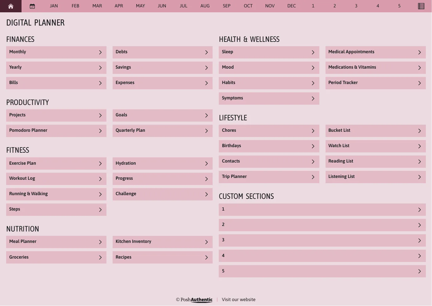 The planner’s dashboard page in the Magenta colorway — tappable section rows under the month navigation bar.