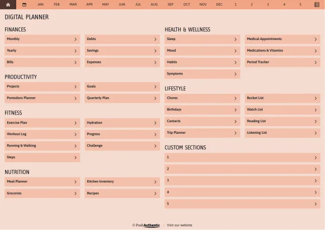 The planner’s dashboard page in the Orange colorway — tappable section rows under the month navigation bar.