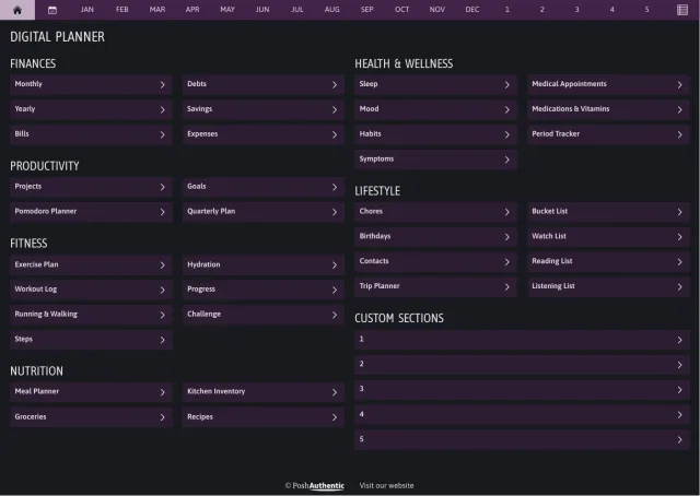 The planner’s dashboard page in the Violet dark mode colorway — tappable section rows under the month navigation bar.