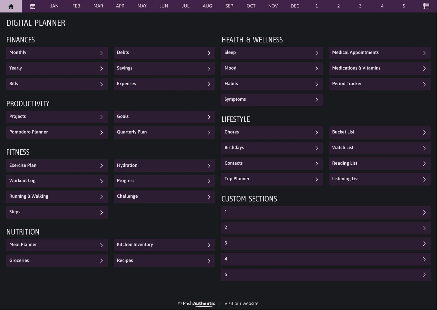 The planner’s dashboard page in the Violet dark mode colorway — tappable section rows under the month navigation bar.