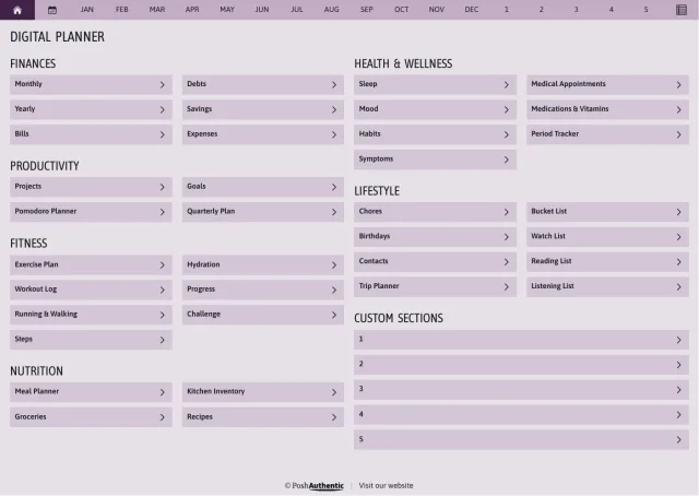The planner’s dashboard page in the Violet colorway — tappable section rows under the month navigation bar.