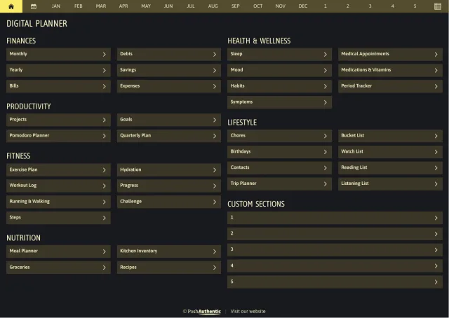 The planner’s dashboard page in the Yellow dark mode colorway — tappable section rows under the month navigation bar.
