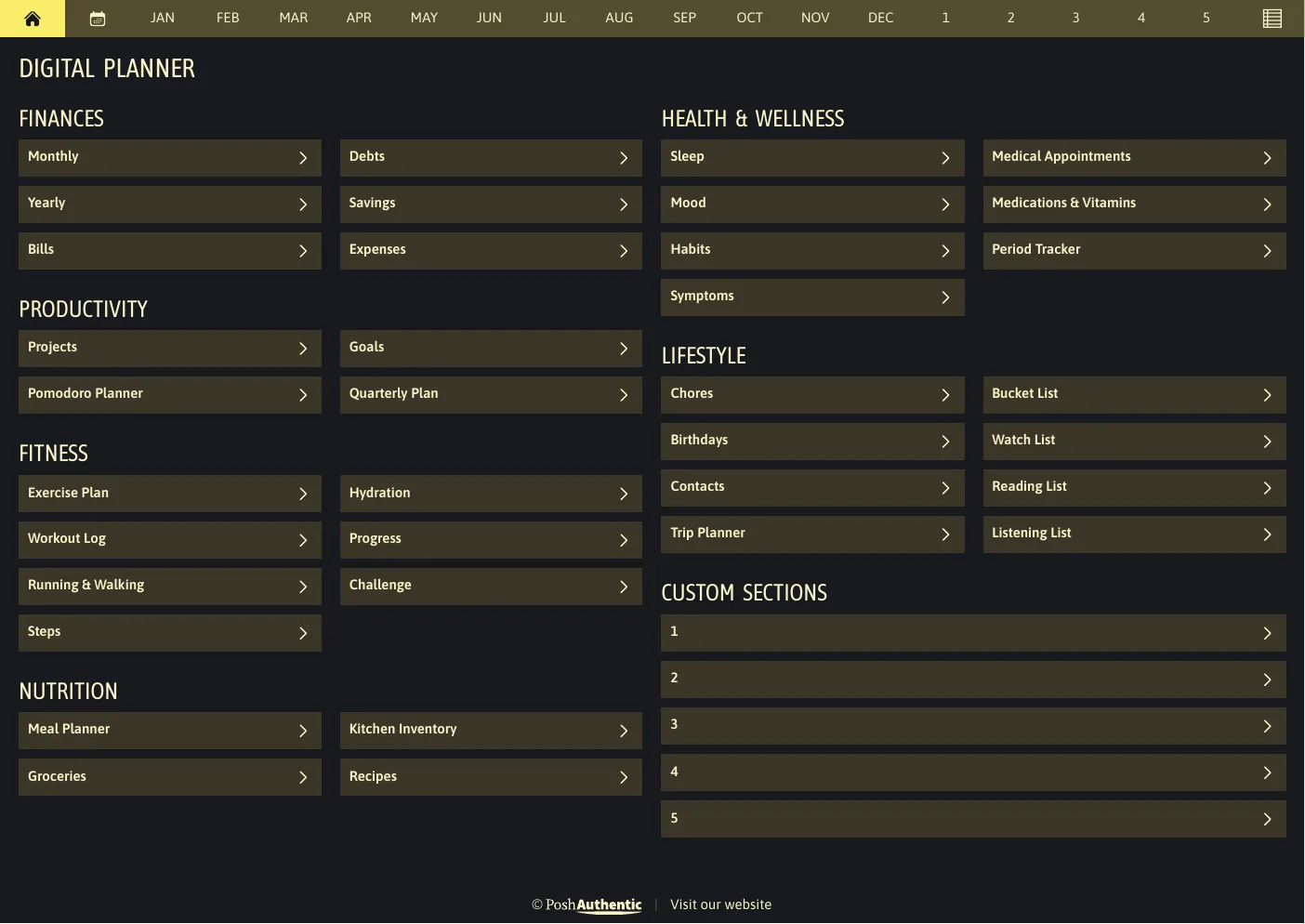 The planner’s dashboard page in the Yellow dark mode colorway — tappable section rows under the month navigation bar.