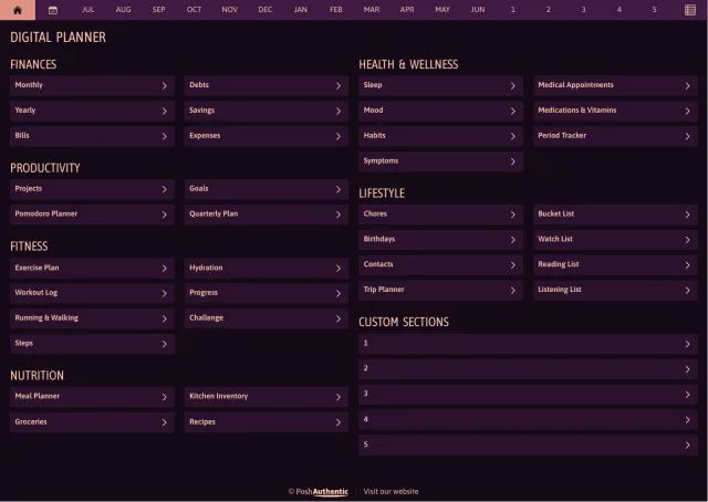 The planner’s dashboard page in the Abundant Brilliance dark mode colorway — tappable section rows under the month navigation bar.