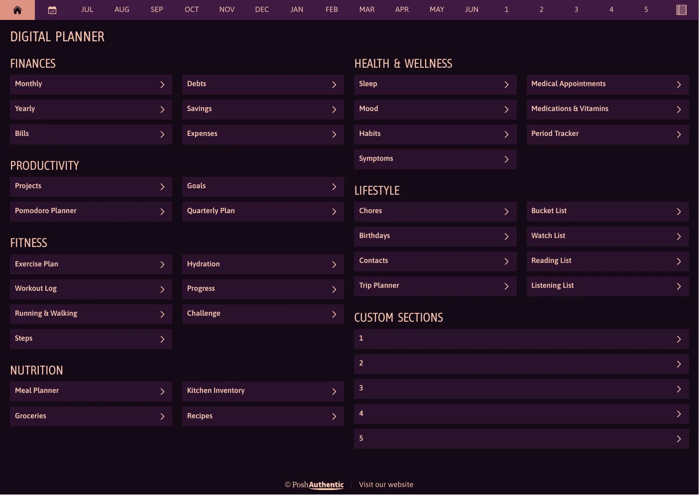 The planner’s dashboard page in the Abundant Brilliance dark mode colorway — tappable section rows under the month navigation bar.