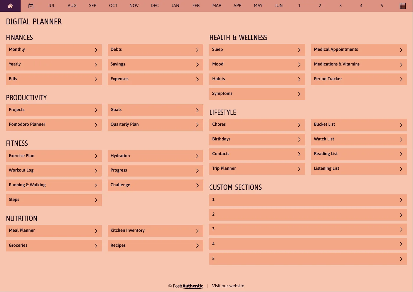 The planner’s dashboard page in the Abundant Brilliance colorway — tappable section rows under the month navigation bar.