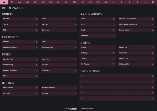 The planner’s dashboard page in the Magenta dark mode colorway — tappable section rows under the month navigation bar.