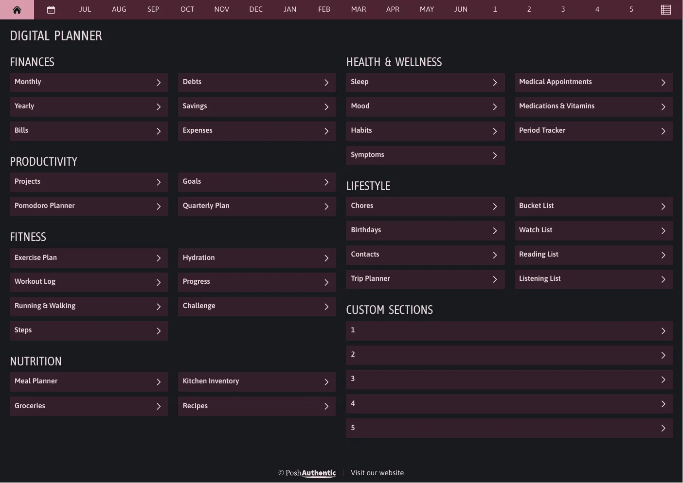 The planner’s dashboard page in the Magenta dark mode colorway — tappable section rows under the month navigation bar.