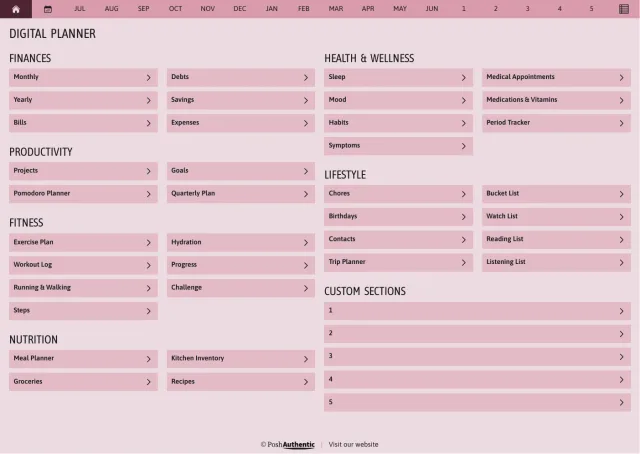 The planner’s dashboard page in the Magenta colorway — tappable section rows under the month navigation bar.