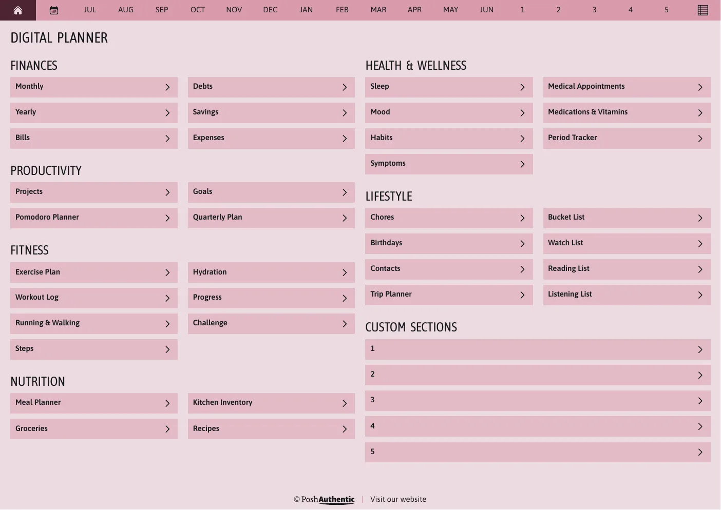 The planner’s dashboard page in the Magenta colorway — tappable section rows under the month navigation bar.