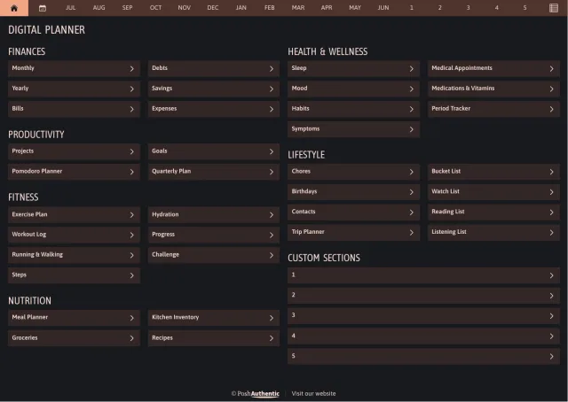 The planner’s dashboard page in the Orange dark mode colorway — tappable section rows under the month navigation bar.