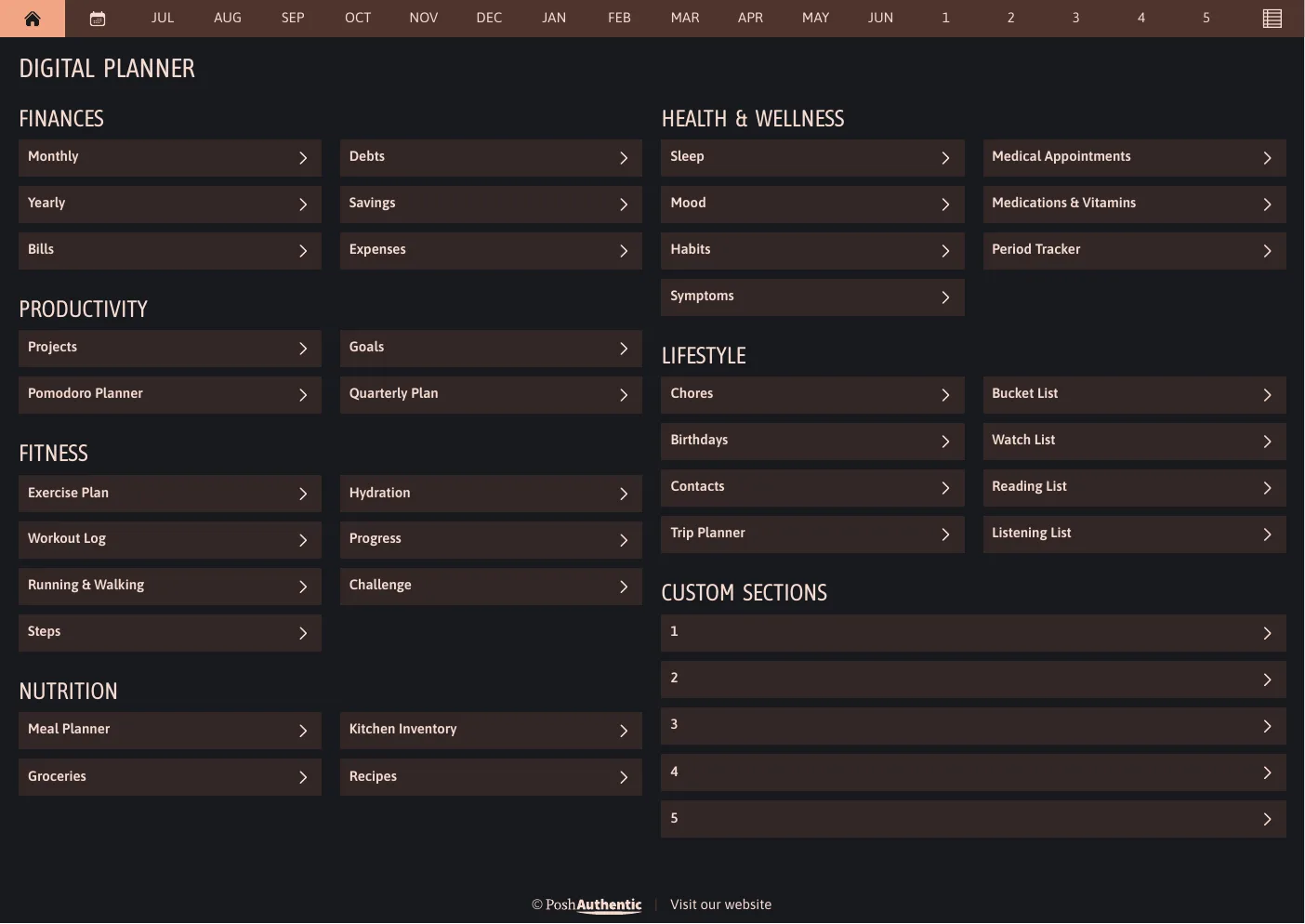 The planner’s dashboard page in the Orange dark mode colorway — tappable section rows under the month navigation bar.